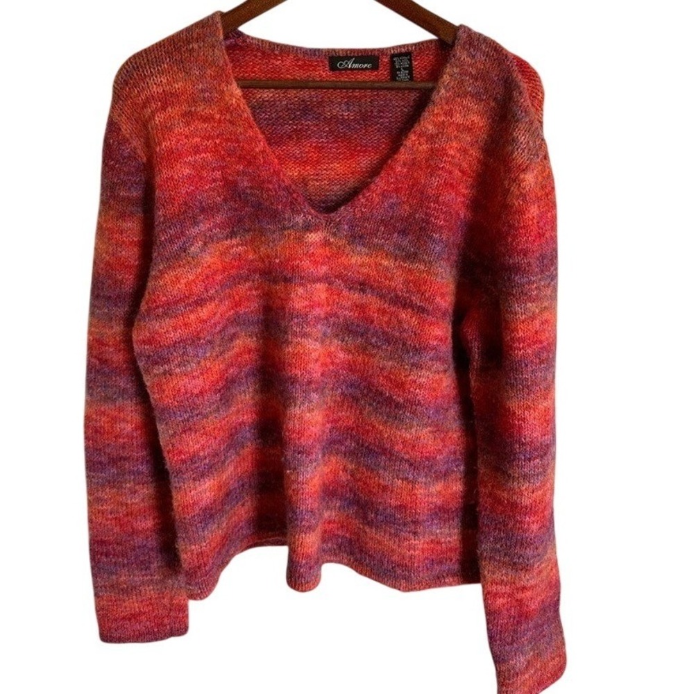 Amore‎ Womens Wool Mohair Blend Space Dye V-Neck Sweater Pink Orange Large Busty